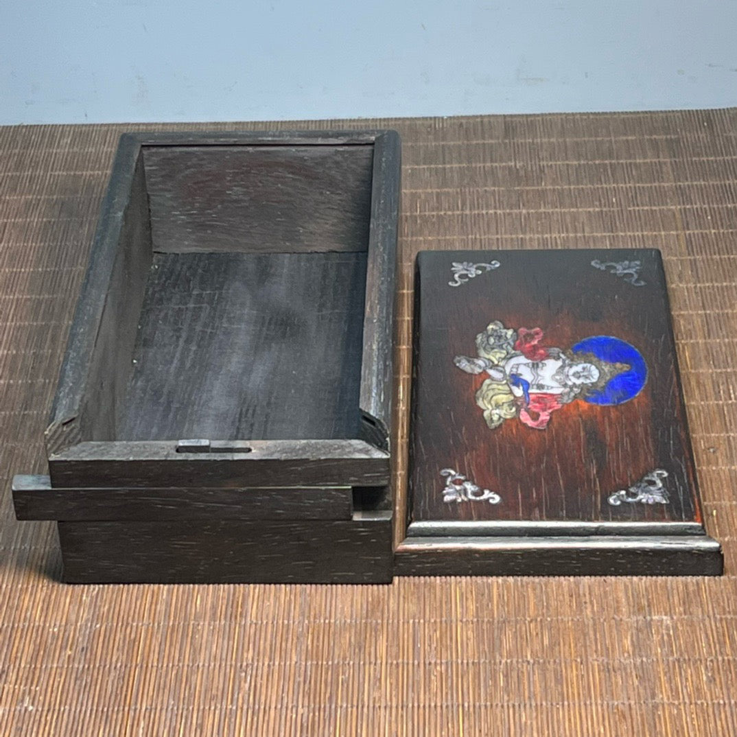 Chinese antique blood sandalwood inlaid with shell carved Buddha statue mechanism box