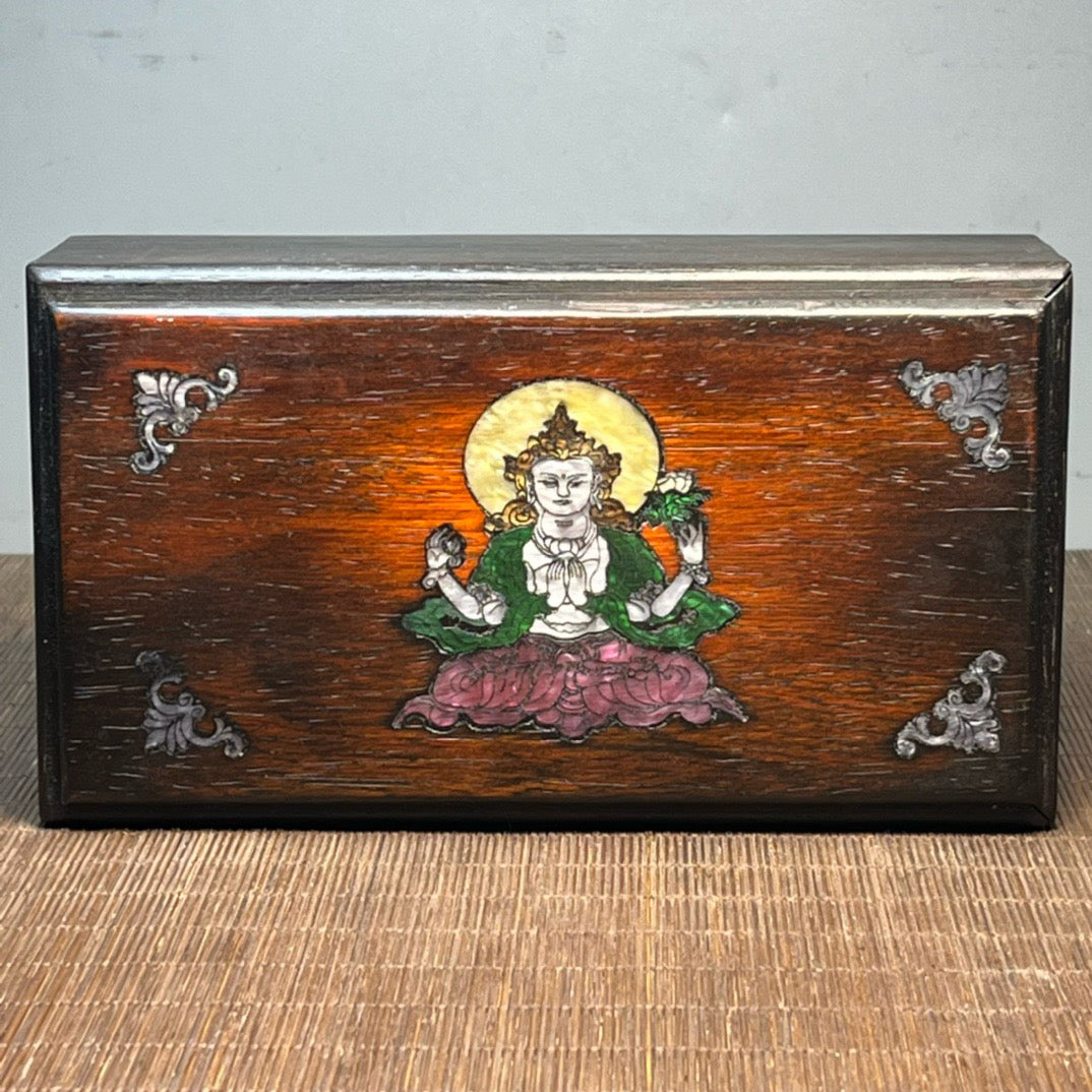 Chinese antique blood sandalwood inlaid with shell carved Buddha statue mechanism box
