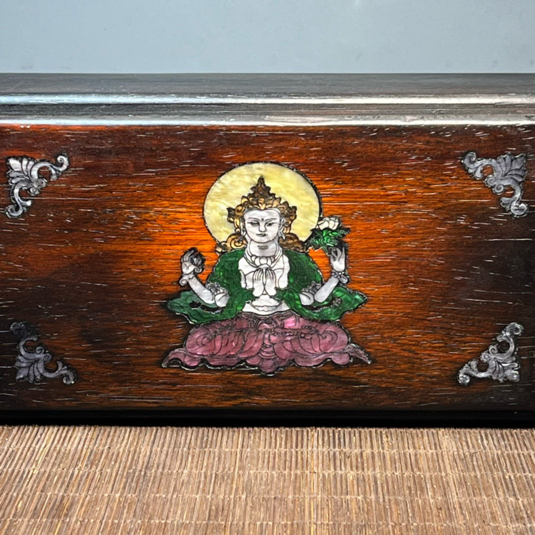 Chinese antique blood sandalwood inlaid with shell carved Buddha statue mechanism box