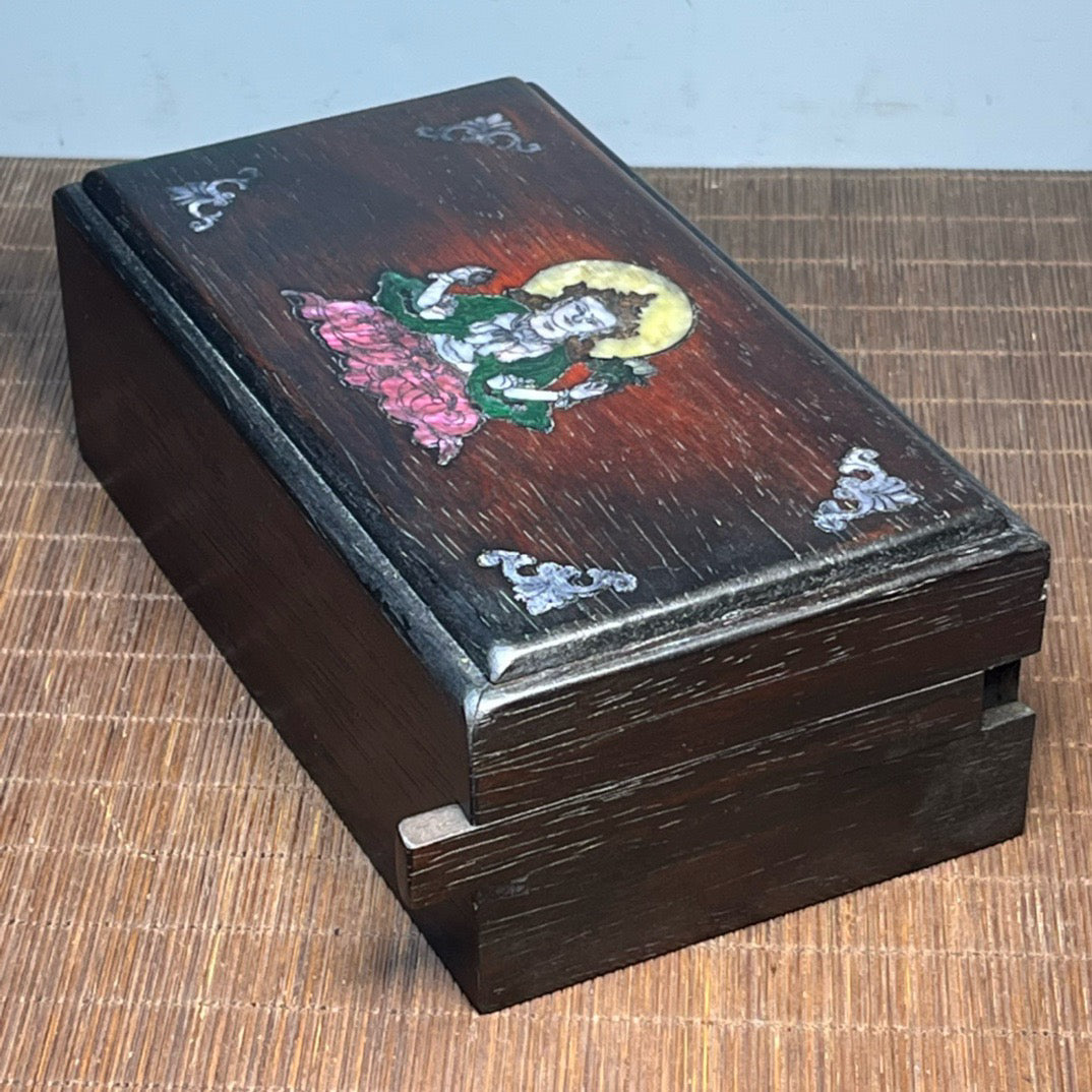 Chinese antique blood sandalwood inlaid with shell carved Buddha statue mechanism box
