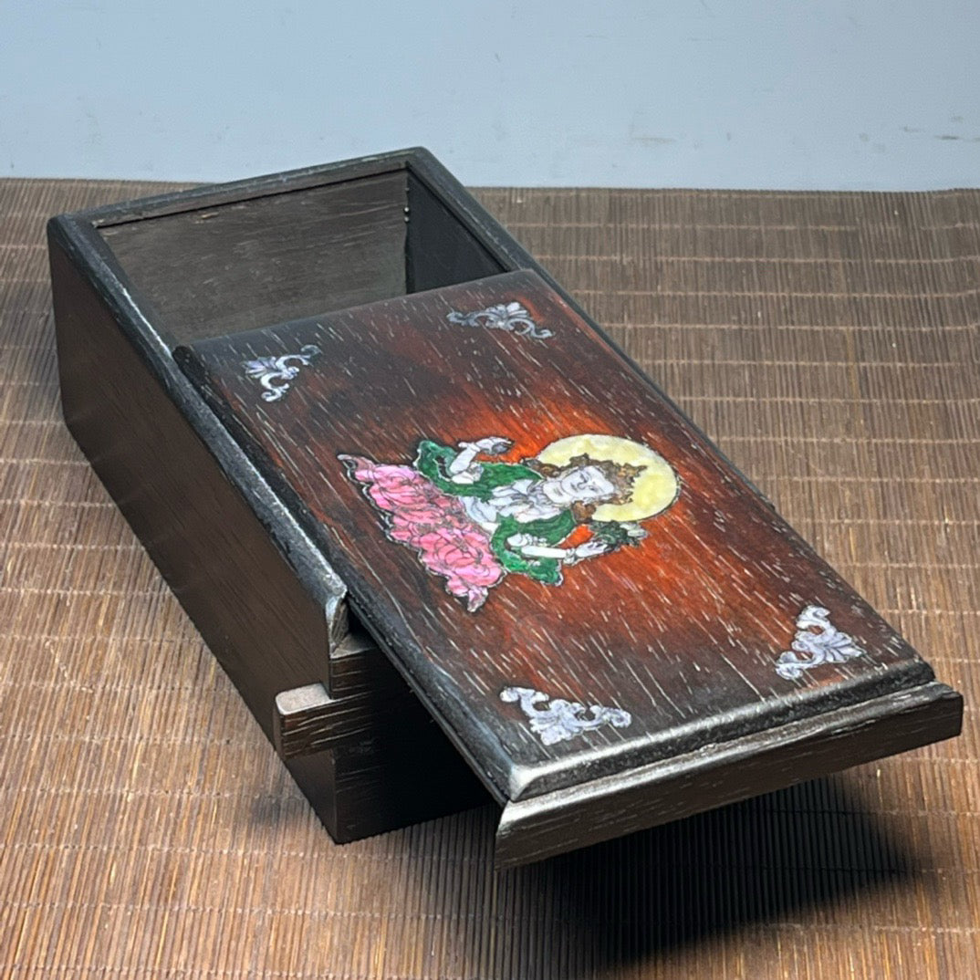 Chinese antique blood sandalwood inlaid with shell carved Buddha statue mechanism box