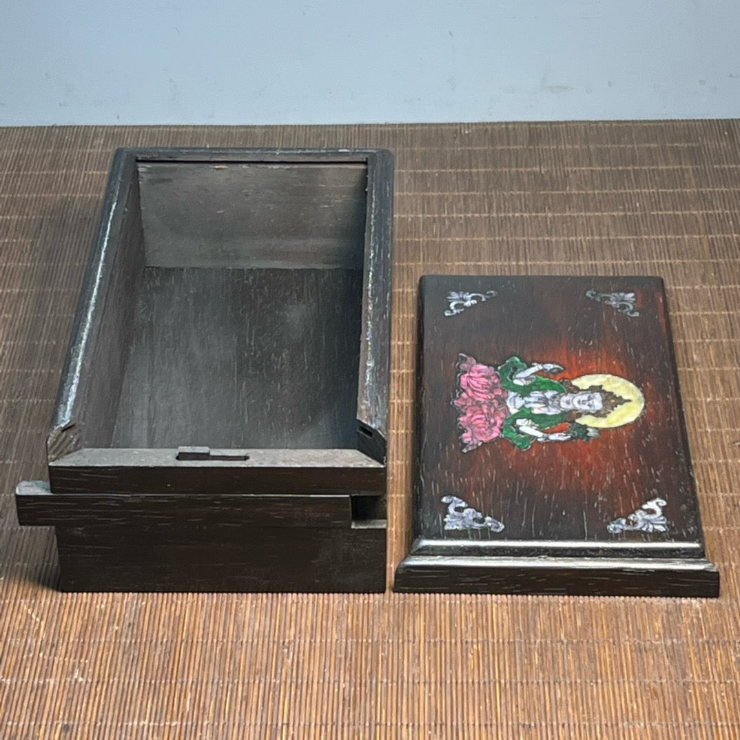 Chinese antique blood sandalwood inlaid with shell carved Buddha statue mechanism box