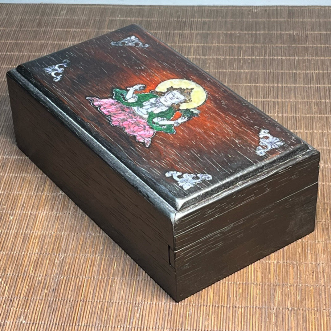 Chinese antique blood sandalwood inlaid with shell carved Buddha statue mechanism box