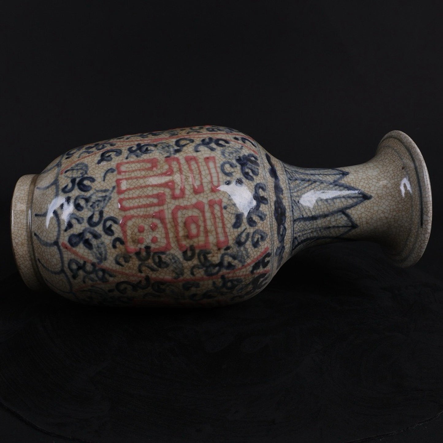 Blue and white glazed vase with red blessing character pattern and floral orchid vase