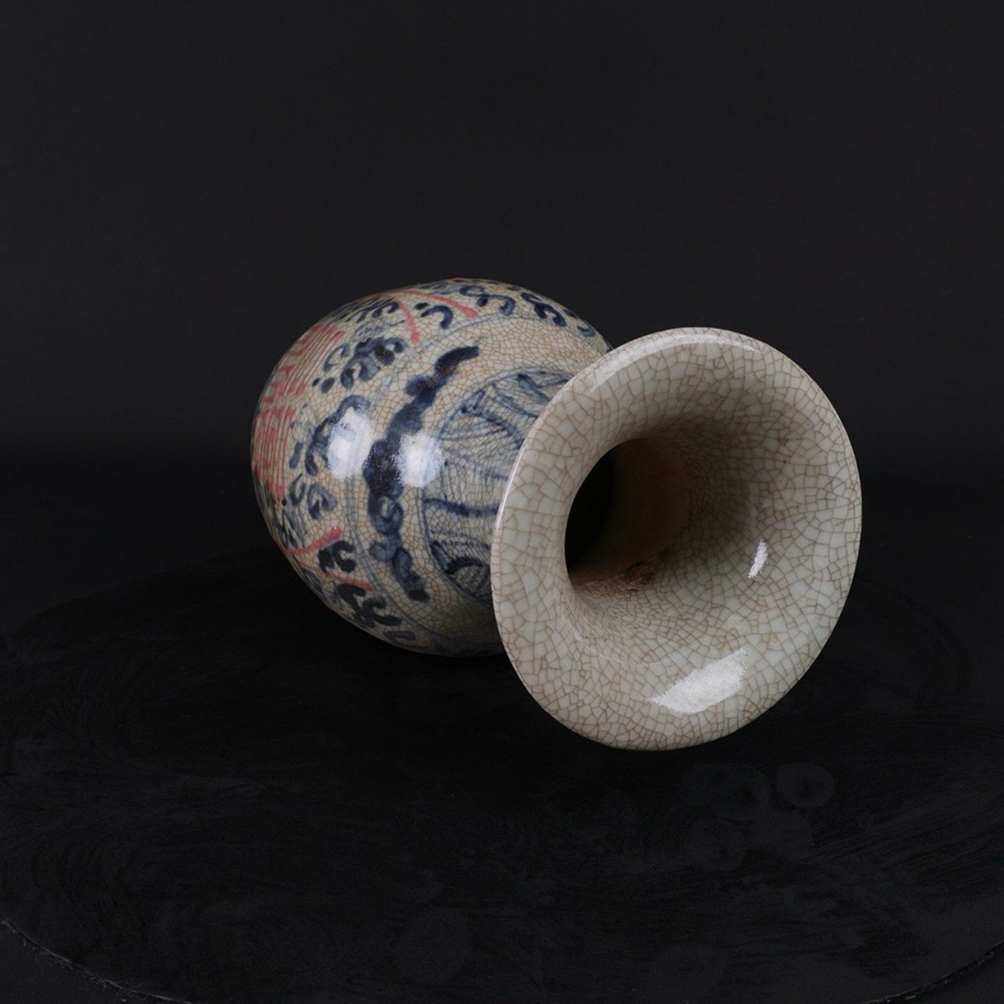 Blue and white glazed vase with red blessing character pattern and floral orchid vase