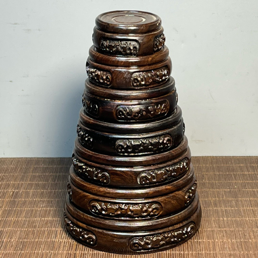 Chinese antique ebony carving set with seven small round seats