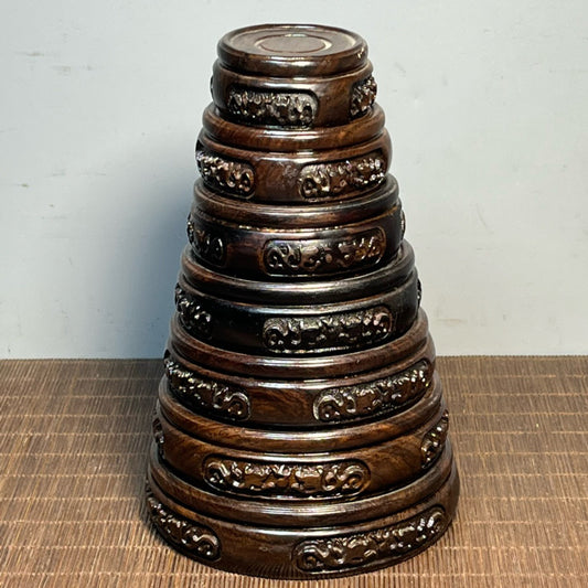 Chinese antique ebony carving set with seven small round seats