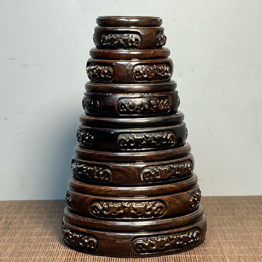 Chinese antique ebony carving set with seven small round seats