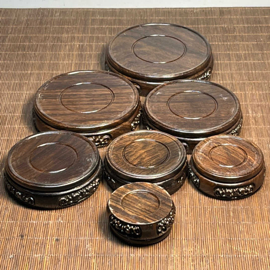 Chinese antique ebony carving set with seven small round seats