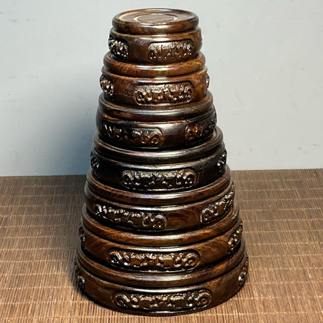 Chinese antique ebony carving set with seven small round seats