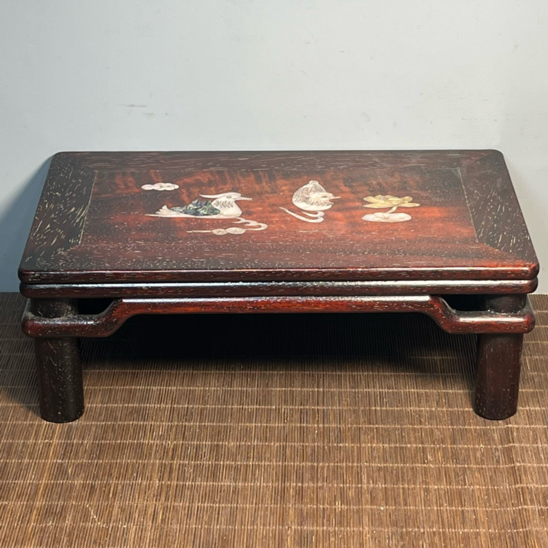 Chinese antique blood sandalwood inlaid shell carved small table