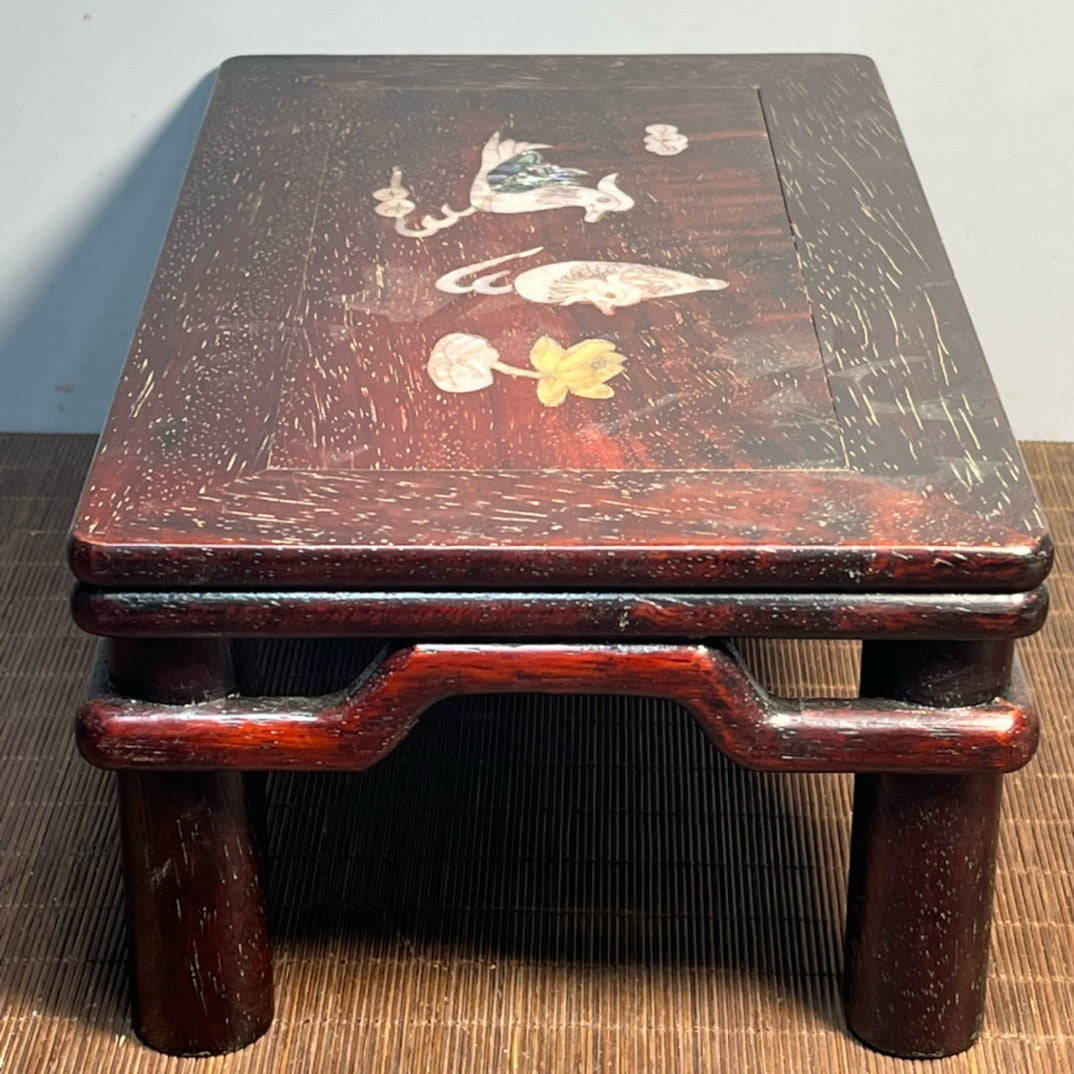 Chinese antique blood sandalwood inlaid shell carved small table