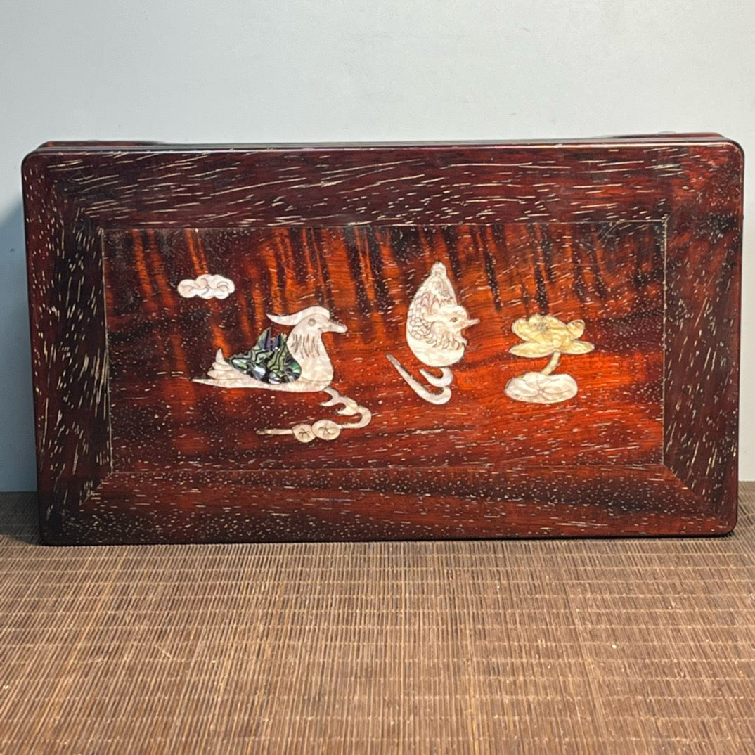 Chinese antique blood sandalwood inlaid shell carved small table