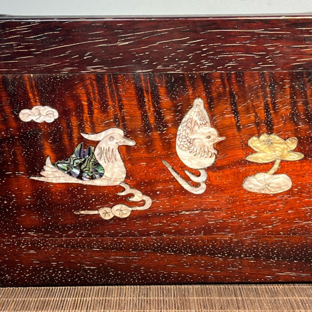 Chinese antique blood sandalwood inlaid shell carved small table