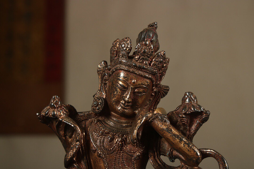 Chinese antique pure copper statue of Bodhisattva with thoughts