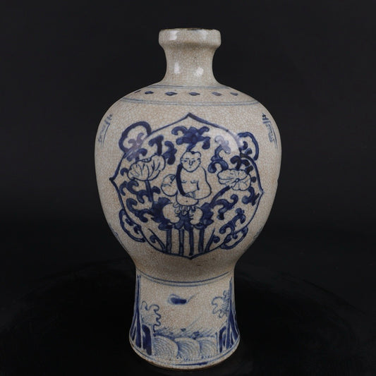 Blue and white window shaped lucky doll plum vase