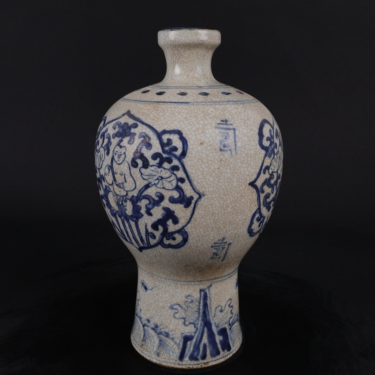 Blue and white window shaped lucky doll plum vase