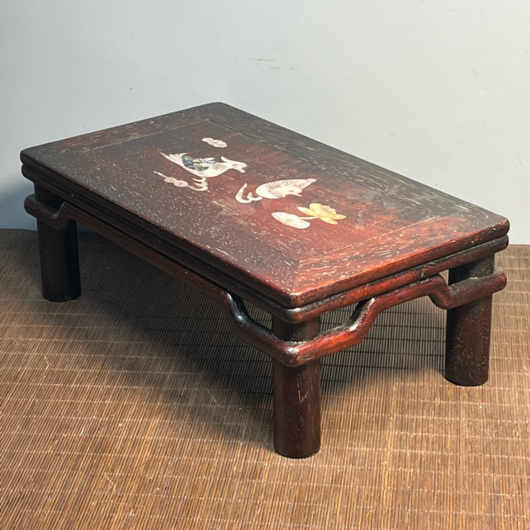 Chinese antique blood sandalwood inlaid shell carved small table