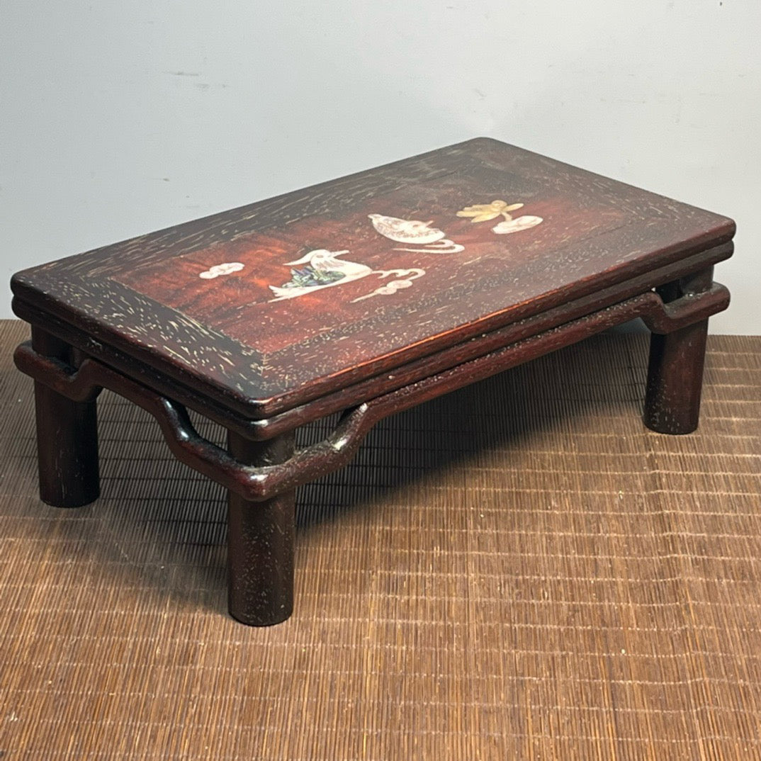 Chinese antique blood sandalwood inlaid shell carved small table