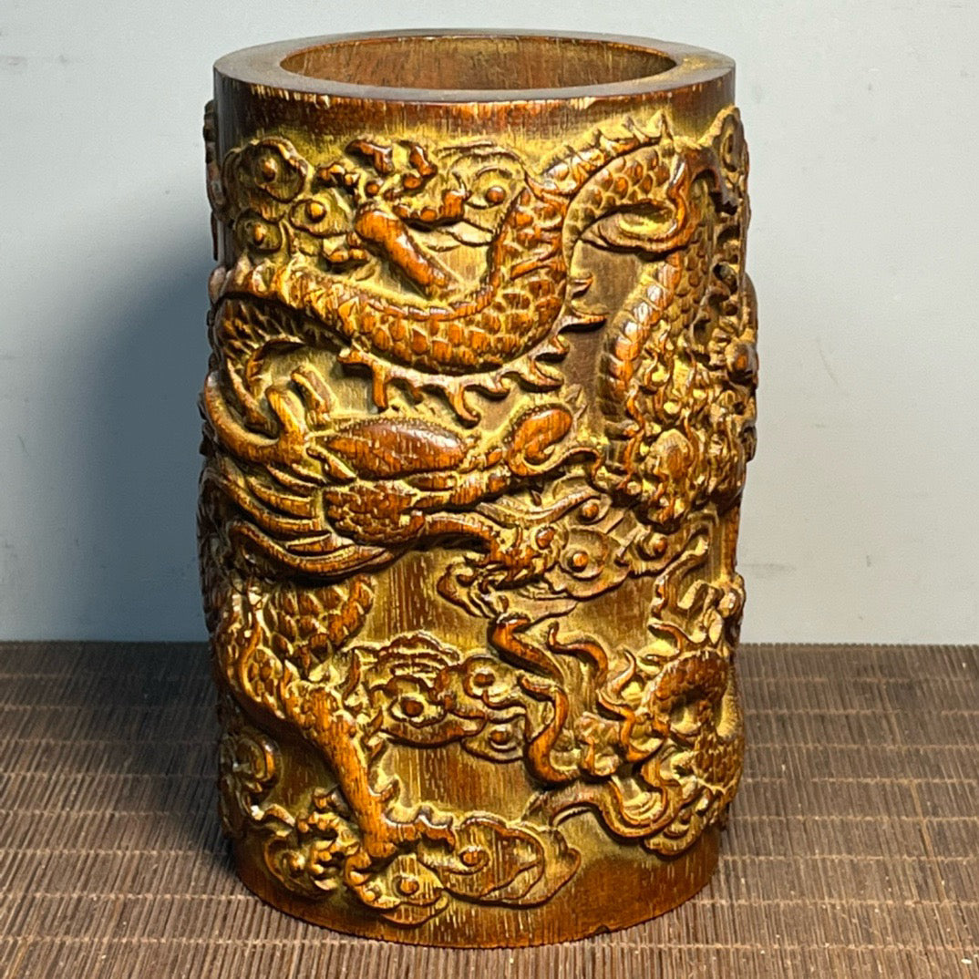 Chinese antique rosewood carved double dragon pen holder ornament