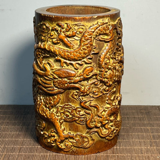Chinese antique rosewood carved double dragon pen holder ornament
