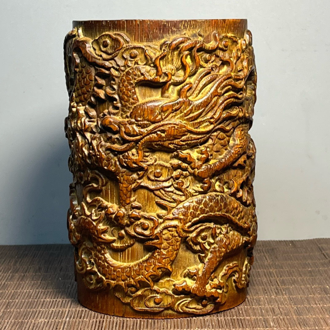 Chinese antique rosewood carved double dragon pen holder ornament