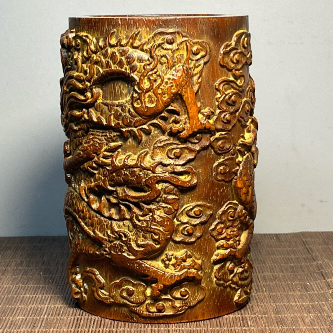 Chinese antique rosewood carved double dragon pen holder ornament