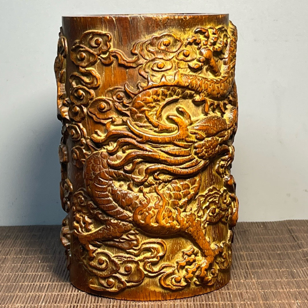 Chinese antique rosewood carved double dragon pen holder ornament
