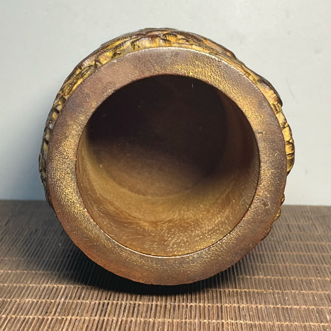 Chinese antique rosewood carved double dragon pen holder ornament
