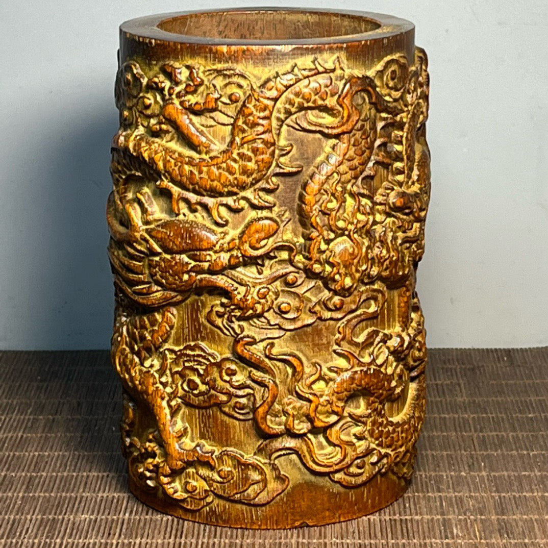 Chinese antique rosewood carved double dragon pen holder ornament