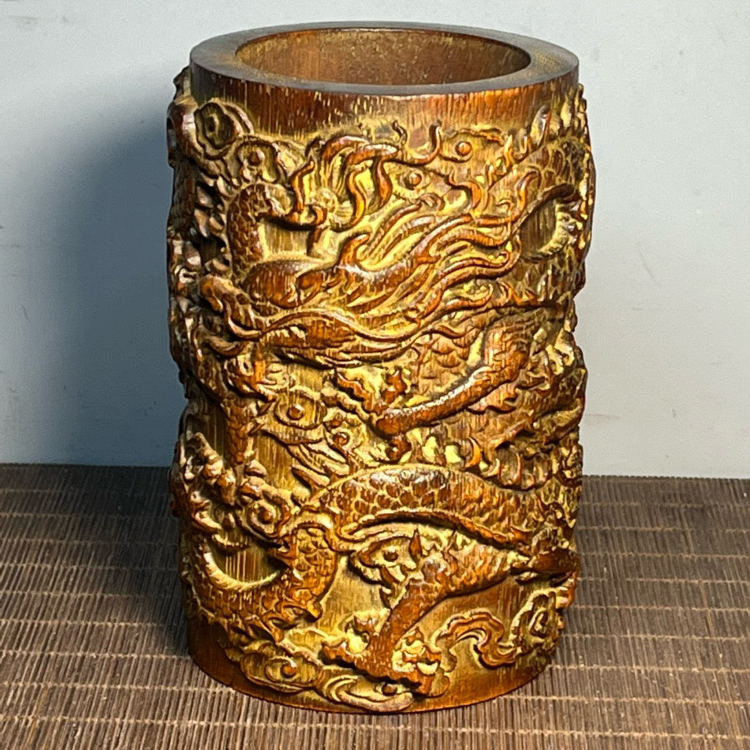 Chinese antique rosewood carved double dragon pen holder ornament