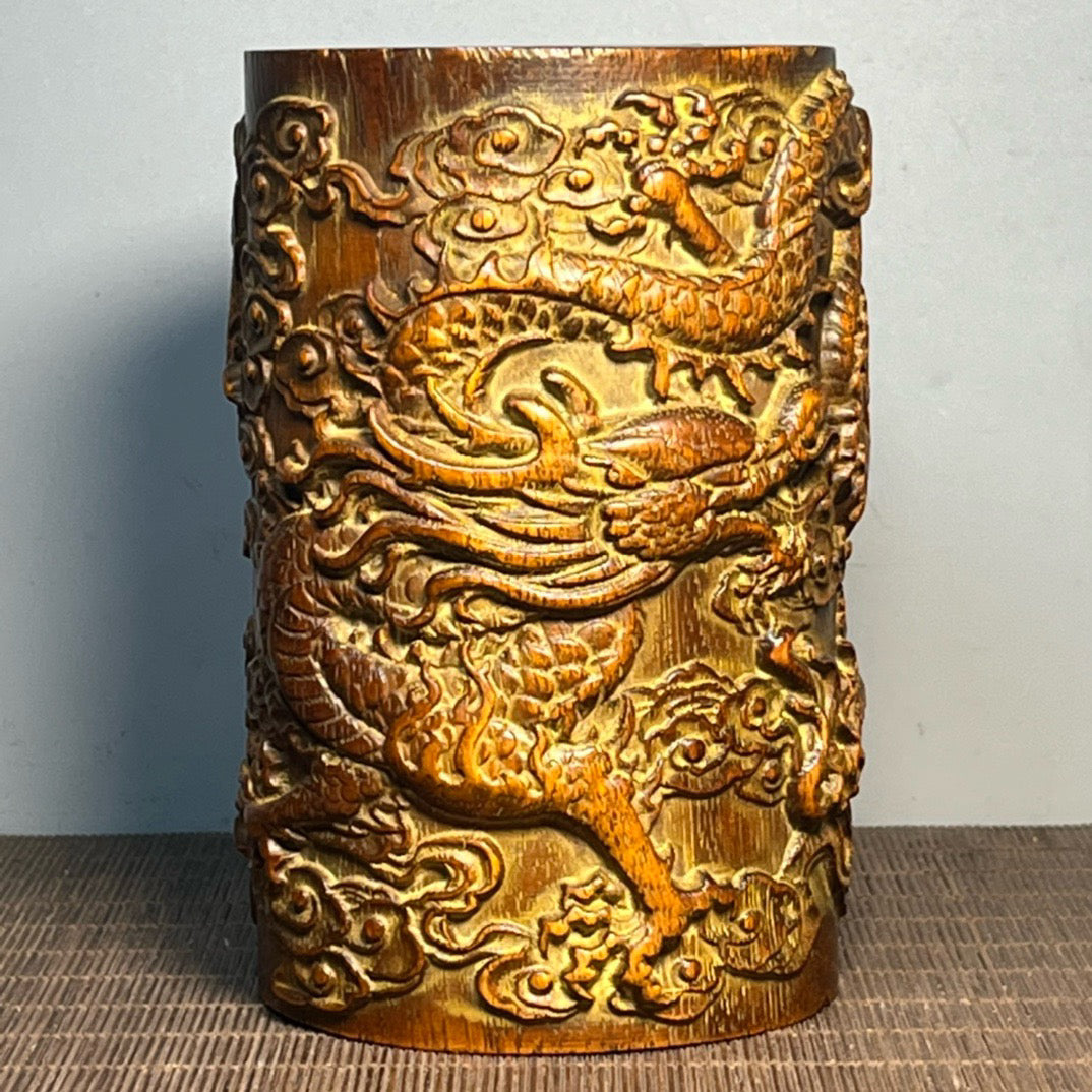 Chinese antique rosewood carved double dragon pen holder ornament