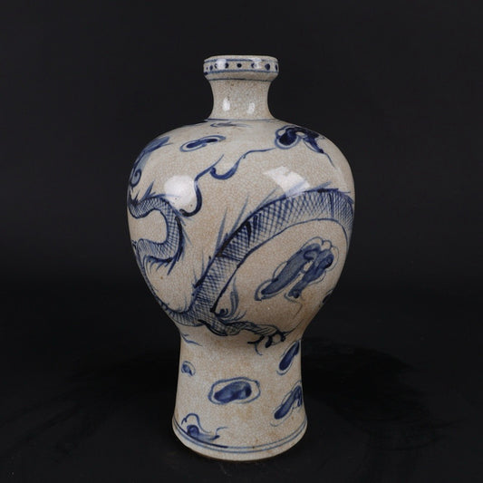 Open blue and white dragon patterned plum vase