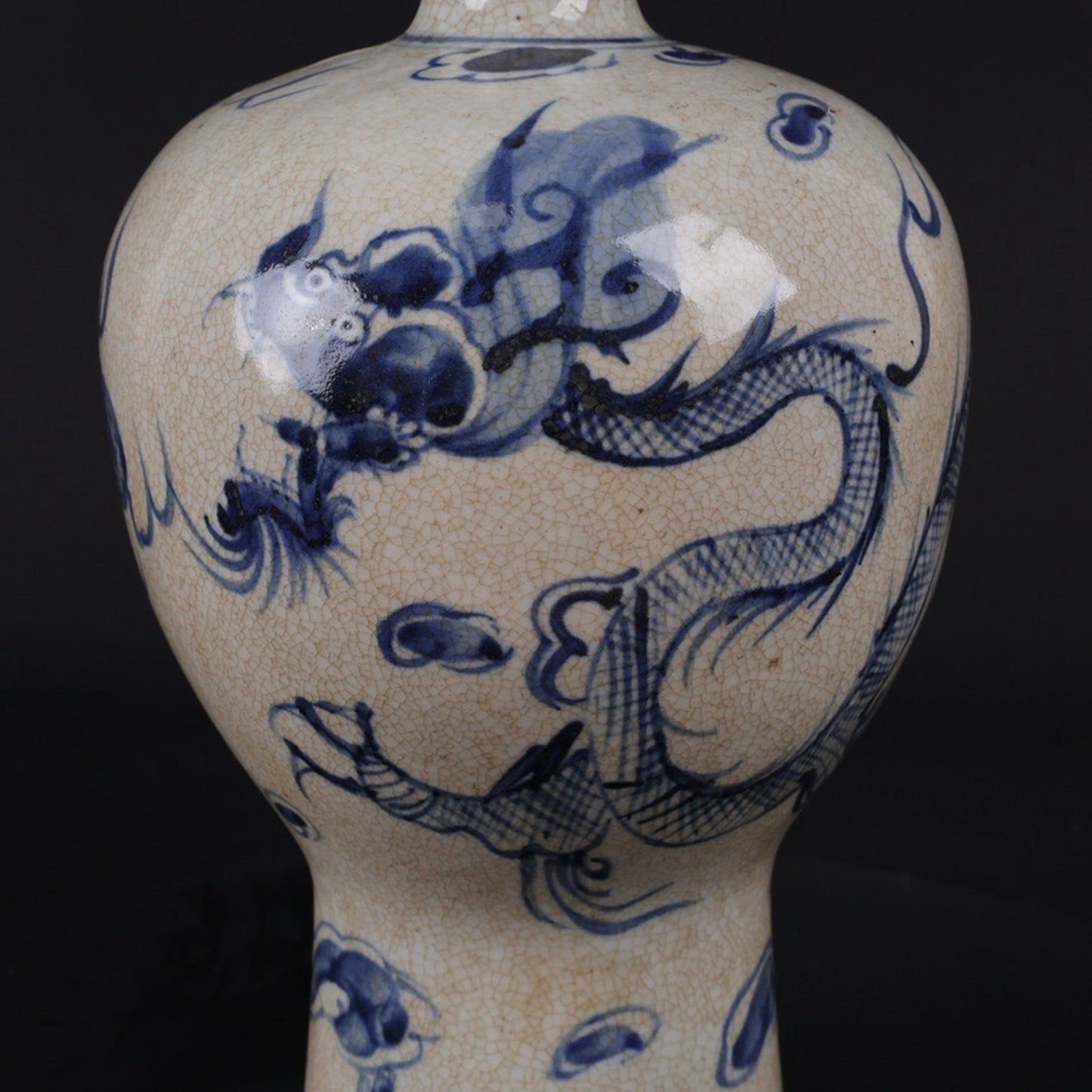 Open blue and white dragon patterned plum vase