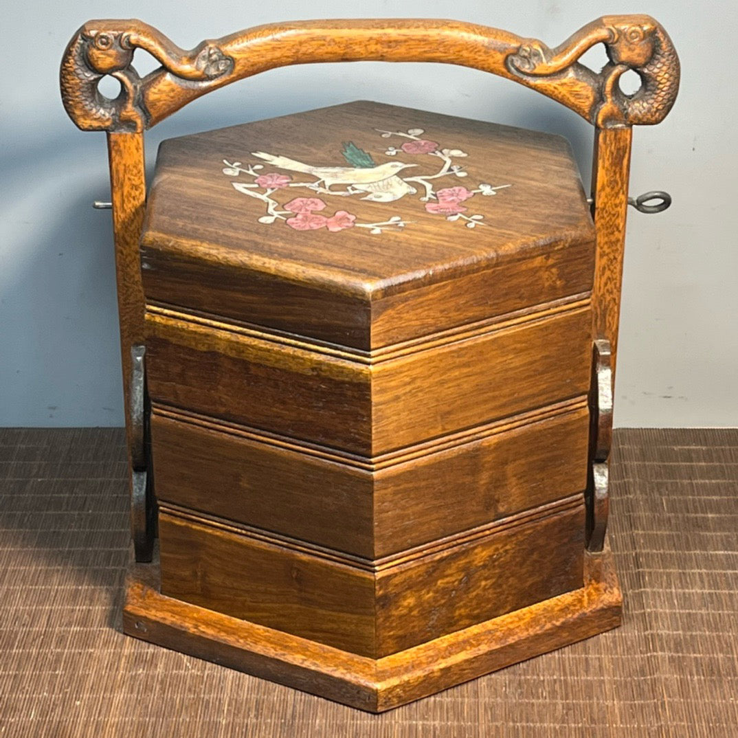 Chinese antique rosewood inlaid shell carved hexagonal food box