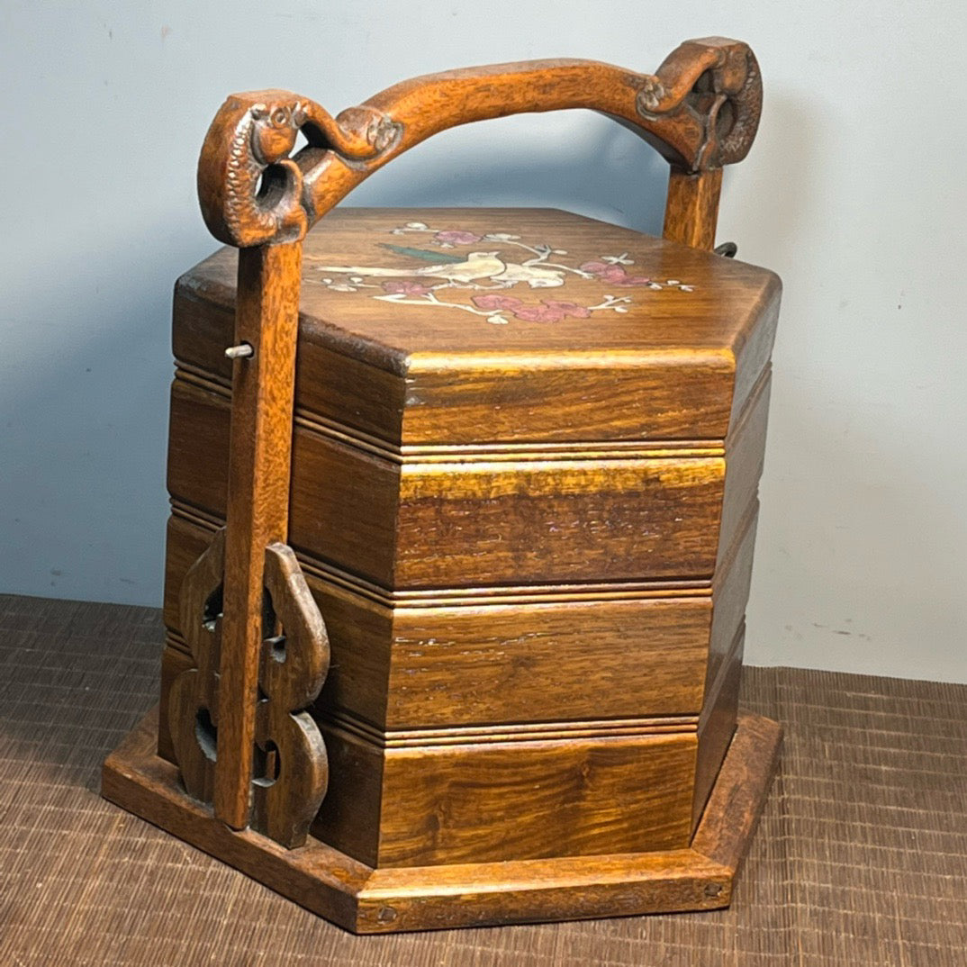Chinese antique rosewood inlaid shell carved hexagonal food box