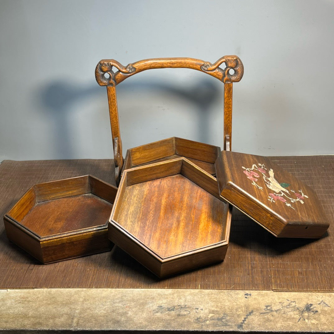 Chinese antique rosewood inlaid shell carved hexagonal food box