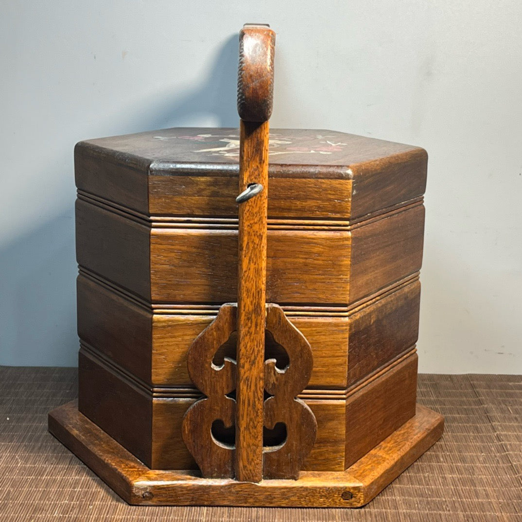Chinese antique rosewood inlaid shell carved hexagonal food box