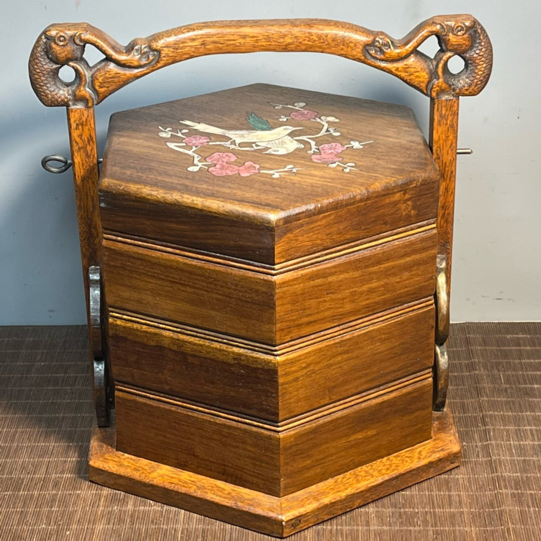 Chinese antique rosewood inlaid shell carved hexagonal food box