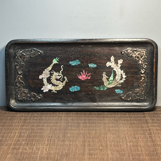 Chinese antique blood sandalwood inlaid with seashell carved tea plate ornaments