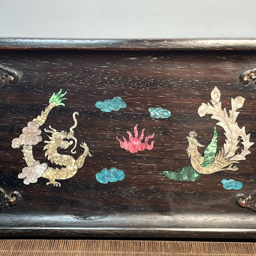 Chinese antique blood sandalwood inlaid with seashell carved tea plate ornaments