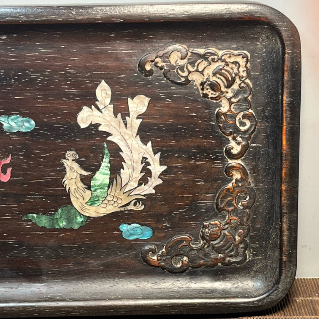 Chinese antique blood sandalwood inlaid with seashell carved tea plate ornaments