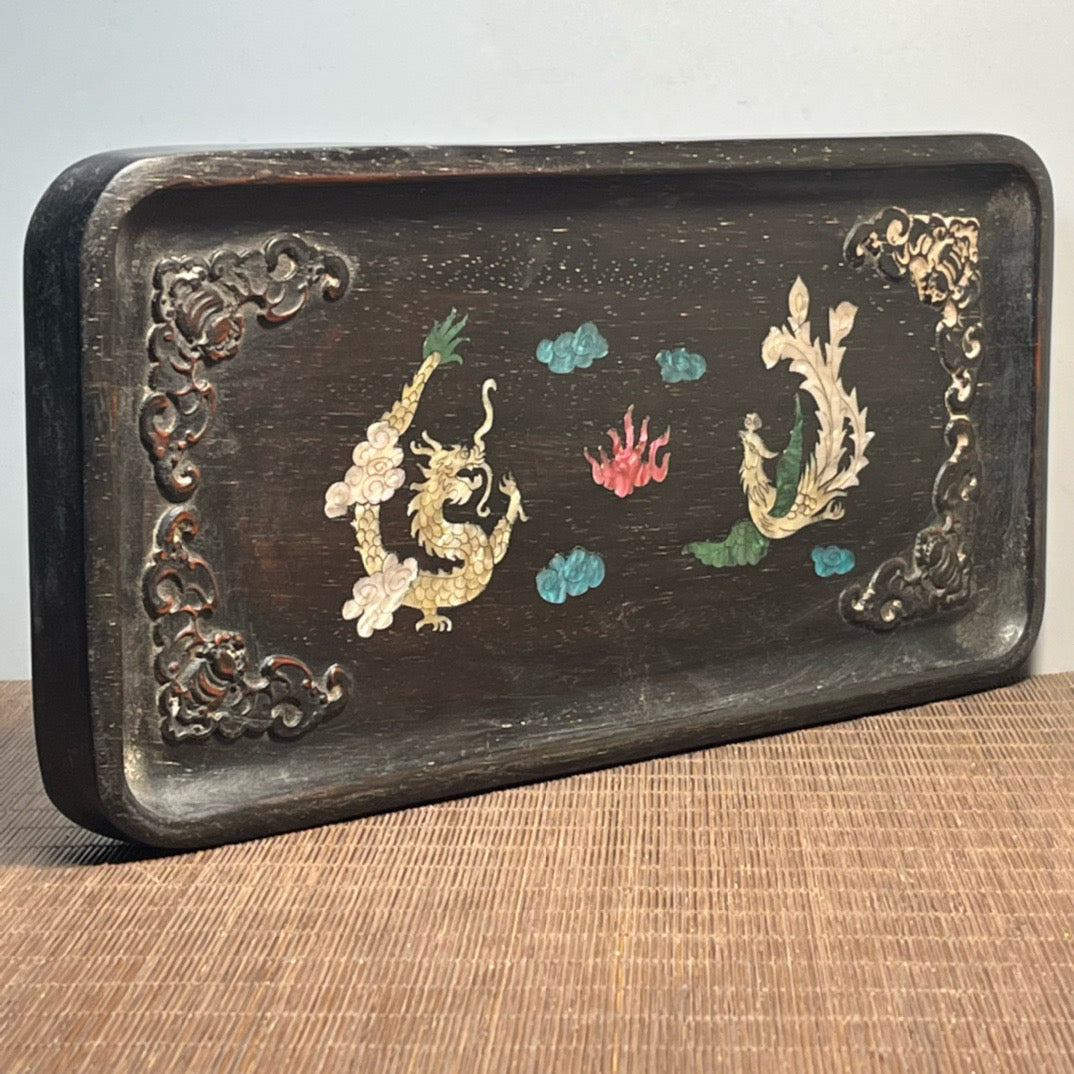 Chinese antique blood sandalwood inlaid with seashell carved tea plate ornaments