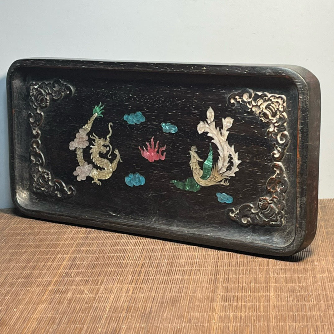 Chinese antique blood sandalwood inlaid with seashell carved tea plate ornaments