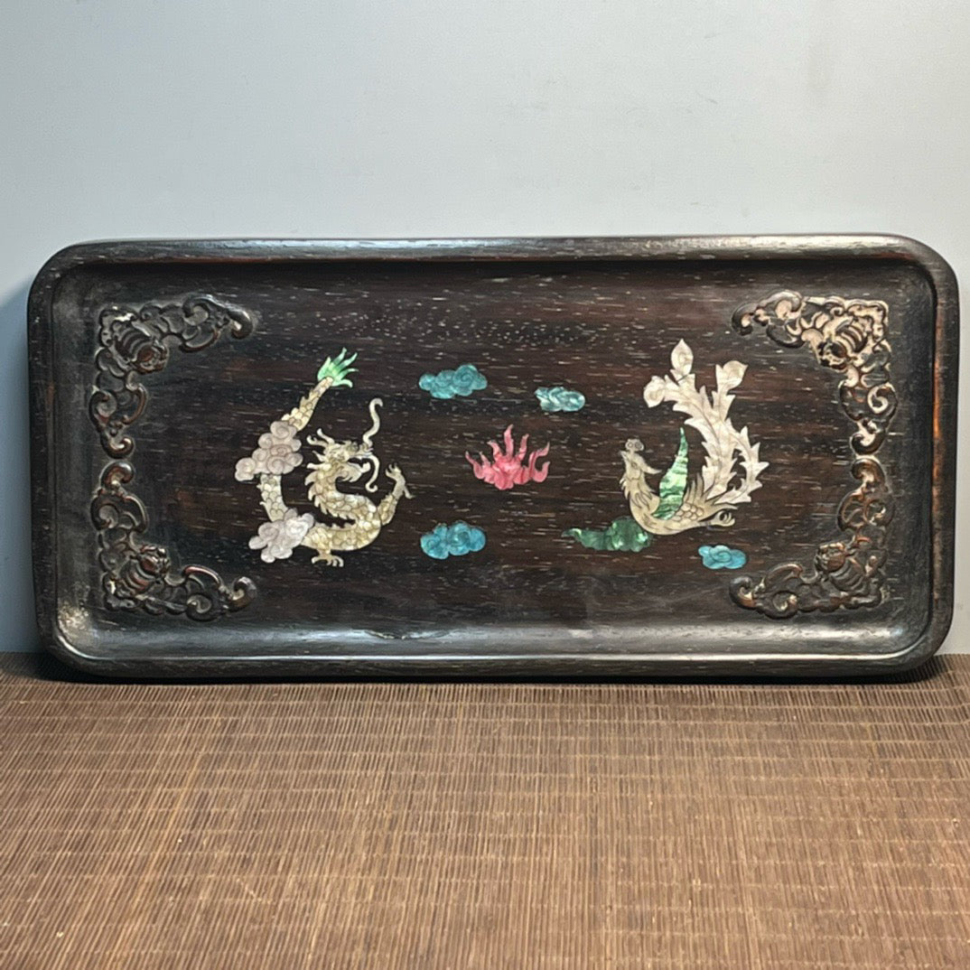 Chinese antique blood sandalwood inlaid with seashell carved tea plate ornaments