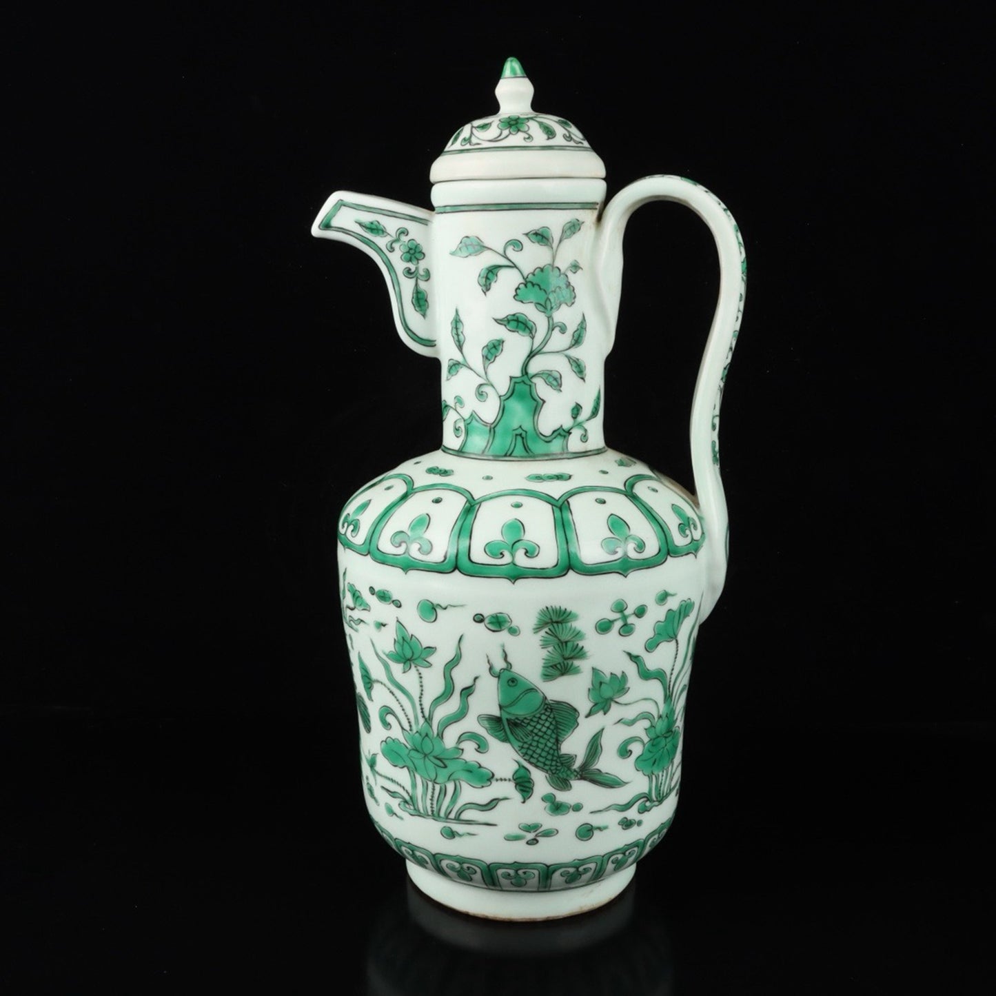 Chinese antique ceramic green colored fish algae patterned teapot