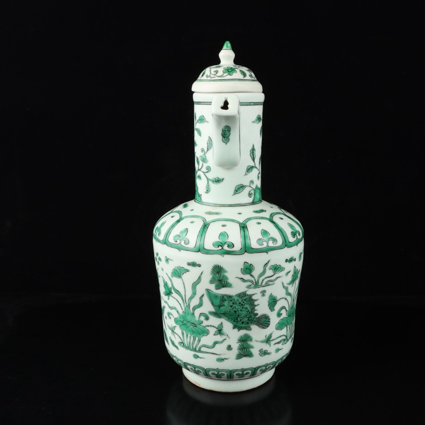 Chinese antique ceramic green colored fish algae patterned teapot