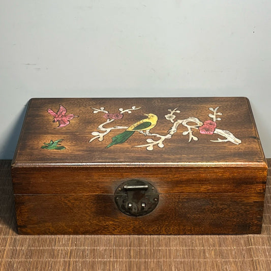 Chinese antique rosewood inlaid shell carved rectangular storage box