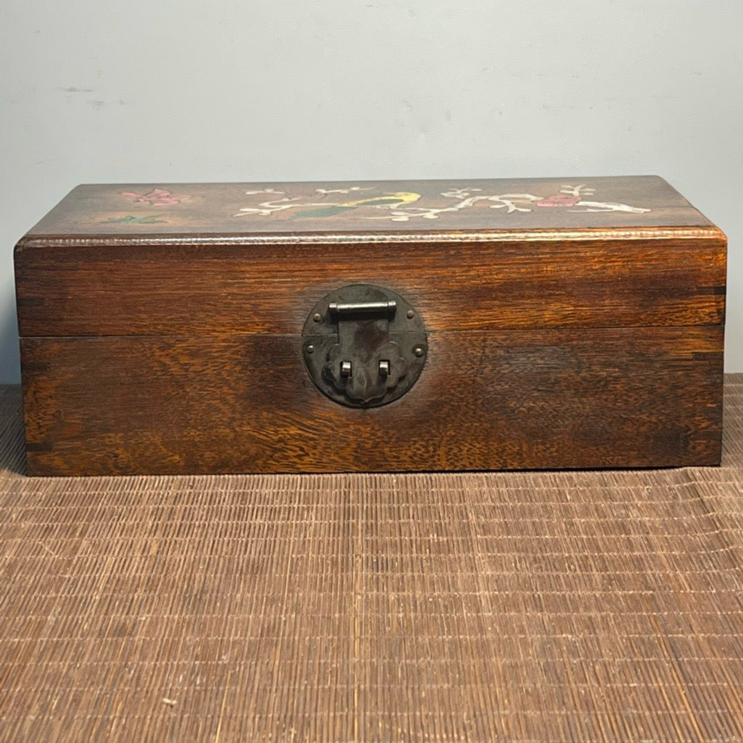 Chinese antique rosewood inlaid shell carved rectangular storage box