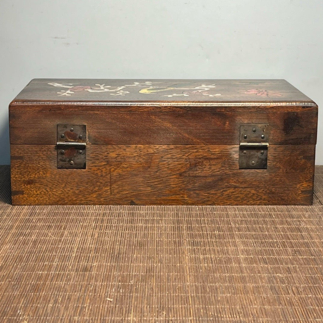 Chinese antique rosewood inlaid shell carved rectangular storage box